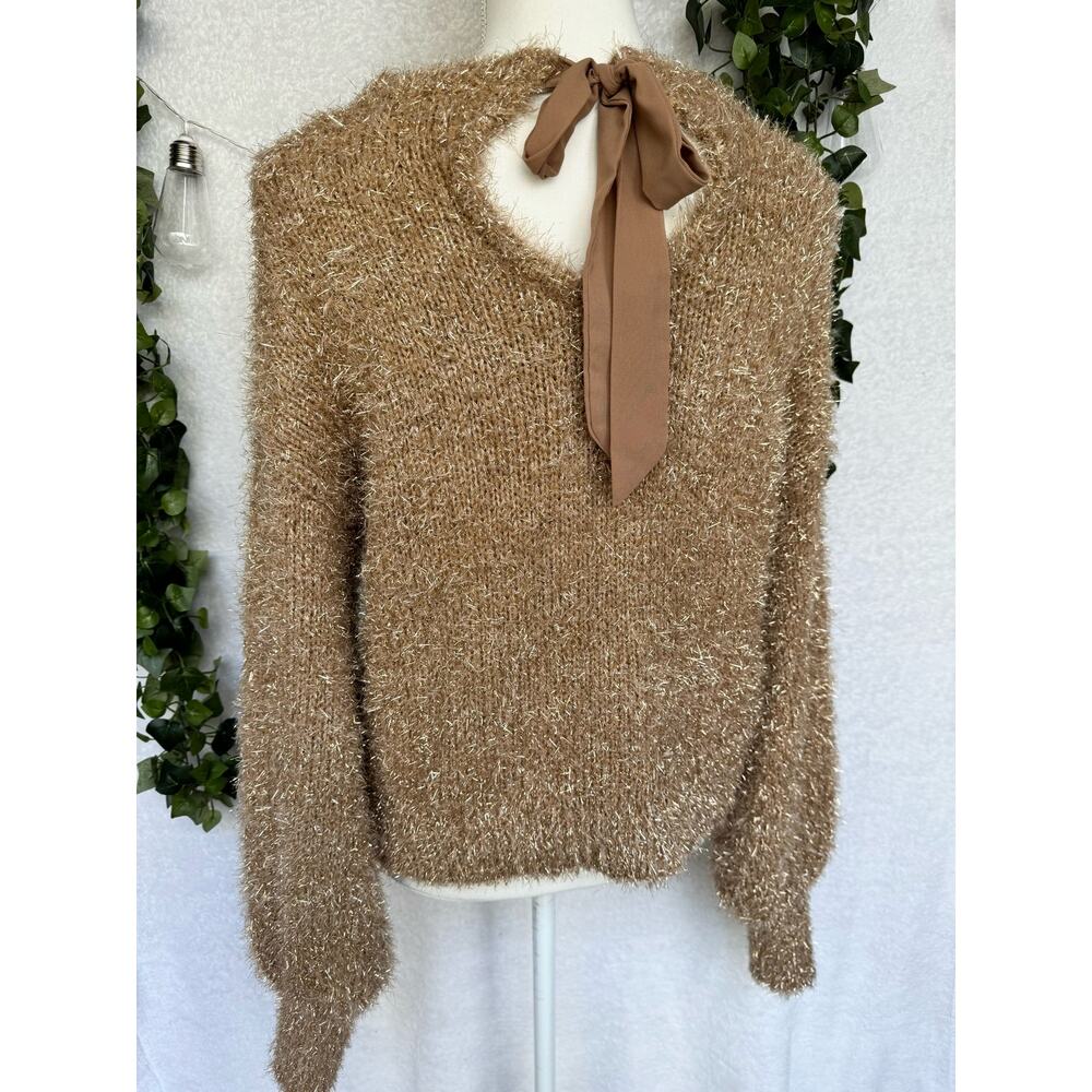 CATO Brown Sparkly Back Bow Balloon Sleeved Sweater Women's Small - Picture 9 of 11
